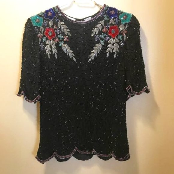 Laurence Kazan Vintage Beaded Silk Floral Blouse - Picture 1 of 3